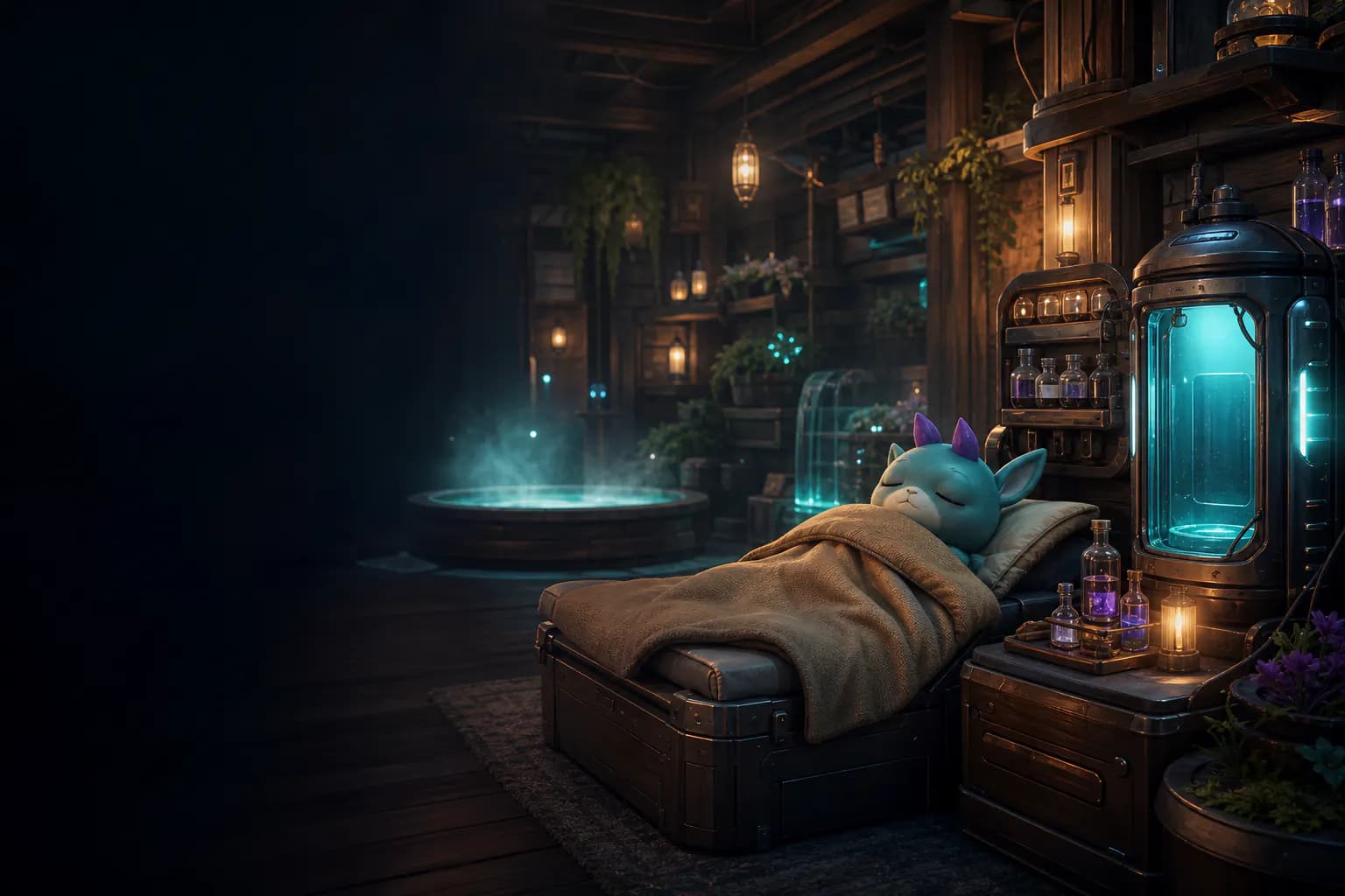 A resting fantasy creature receiving care in a warm base infirmary