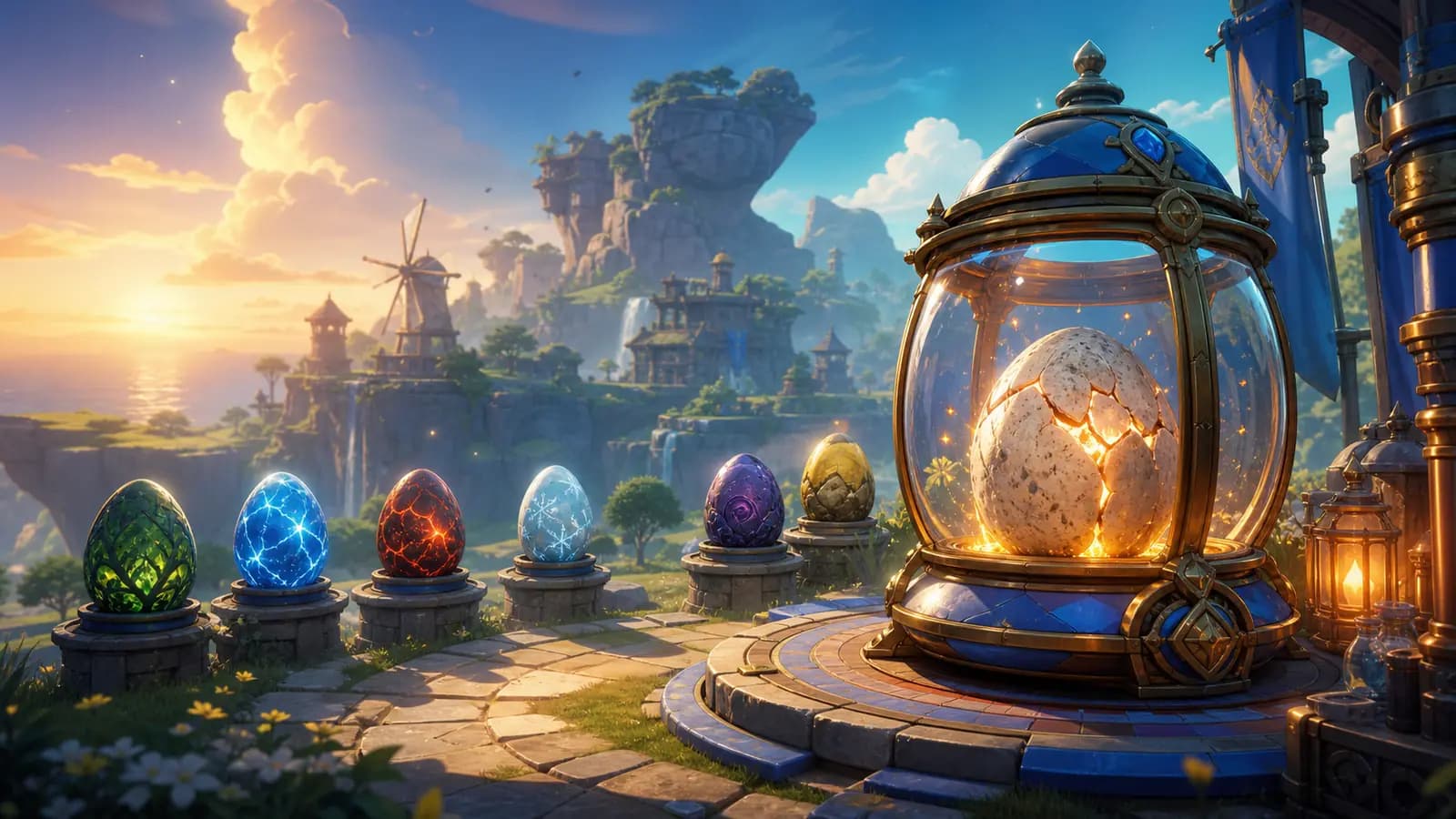 Palworld-inspired elemental eggs glowing inside a fantasy island incubation workshop