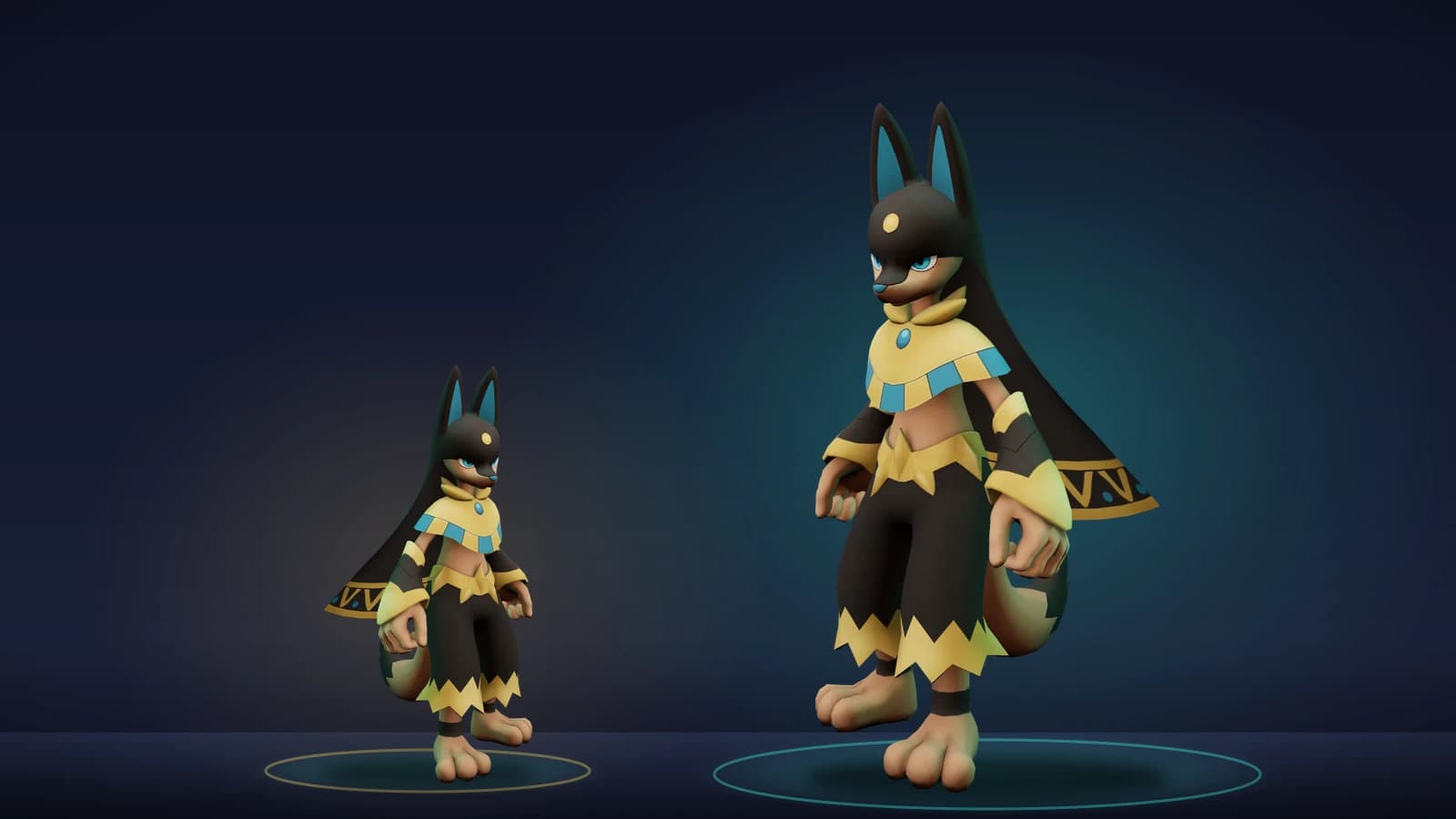 Oversized Alpha Anubis towering over a normal sized Anubis on a dark arena floor lit in teal and gold