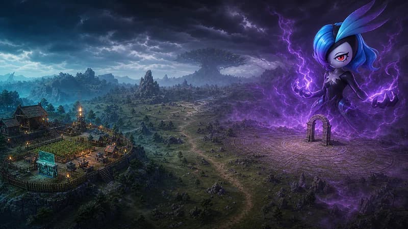 Bellanoir towers over a remote purple raid arena separated by a wide valley from a protected player base