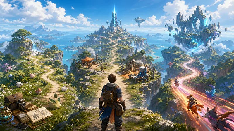 A fantasy survival explorer choosing between three glowing routes through islands, workshops, and tower landmarks