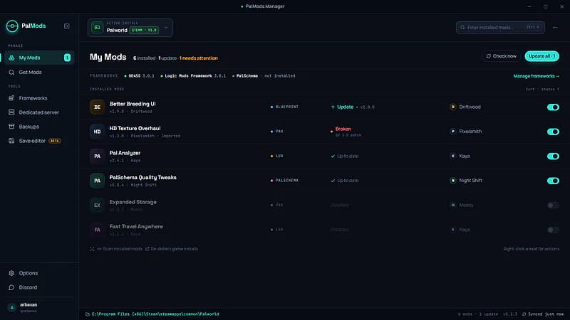 The PalMods desktop app on the My Mods screen, showing six installed mods, framework versions, and one pending update