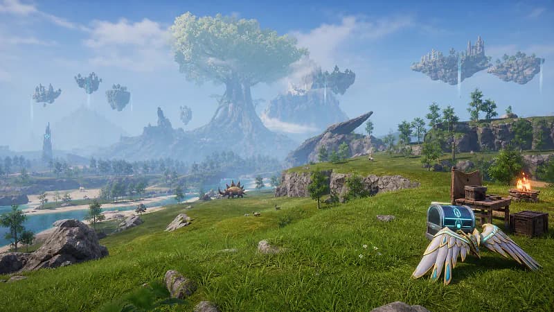 The World Tree and floating sky islands across the expanded Palworld 1.0 landscape