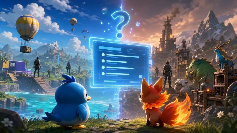 Editorial illustration of two game worlds divided by a glowing player survey and question mark