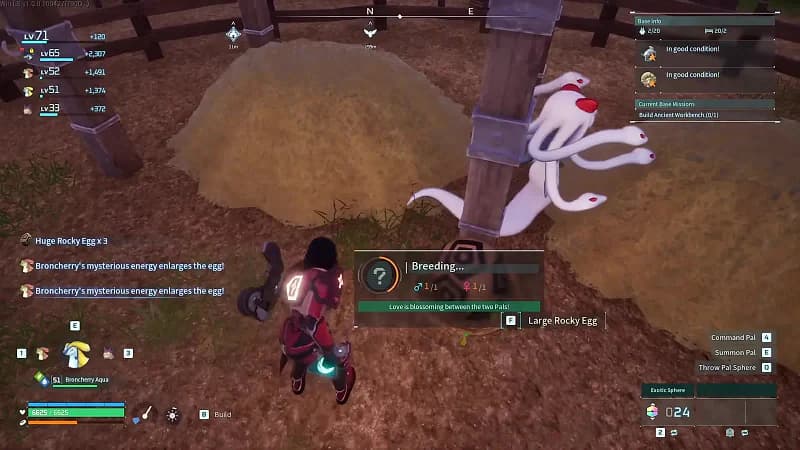 Palworld player collecting breeding eggs as Broncherry triggers Alpha conversion while the three-Pal pickup party is active