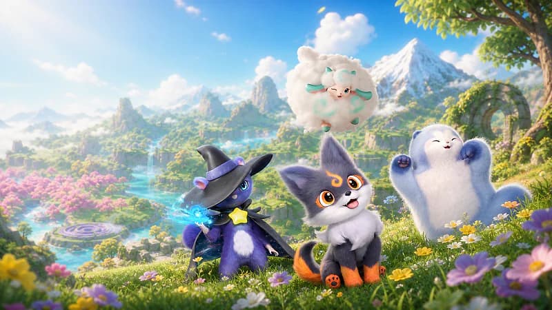 Emberpup, Stellarys, Nimbi, and Panpanta overlooking the rivers, mountains, and flower fields of Idyll