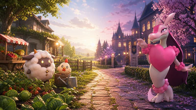 Lamball and Chikipi tend a sunny farm beside Lovander at a cherry-blossom academy.