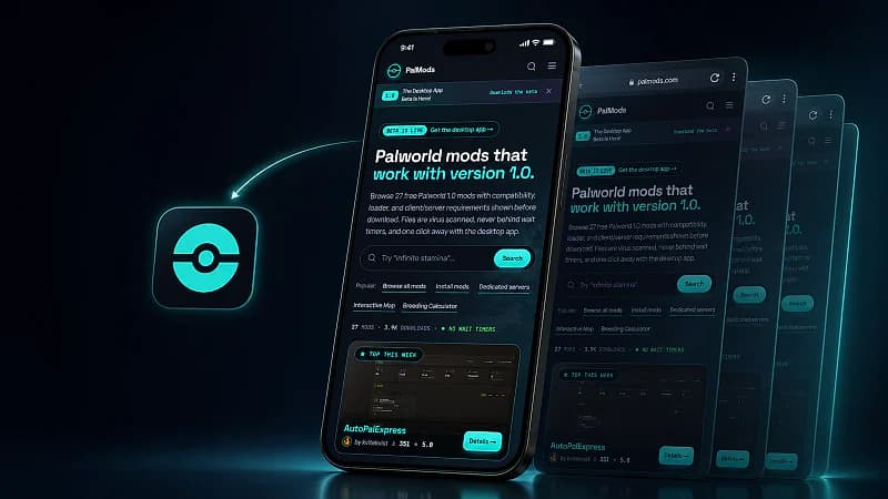 The real PalMods mobile interface appears on a smartphone beside the installed PalMods app icon
