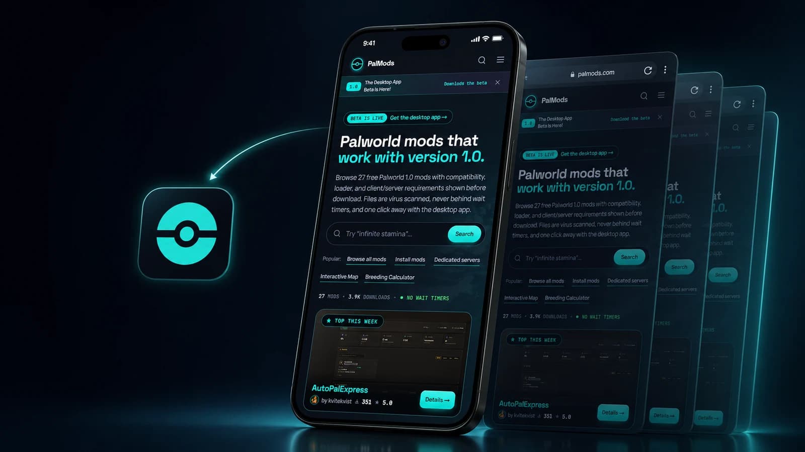 The real PalMods mobile interface appears on a smartphone beside the installed PalMods app icon