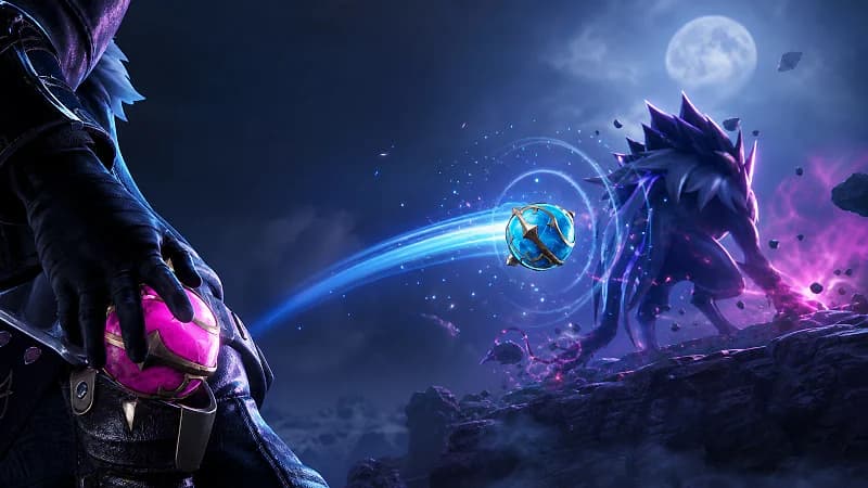 A blue Pal Sphere arcing toward a powerful Pal while a higher-tier magenta Sphere waits in reserve