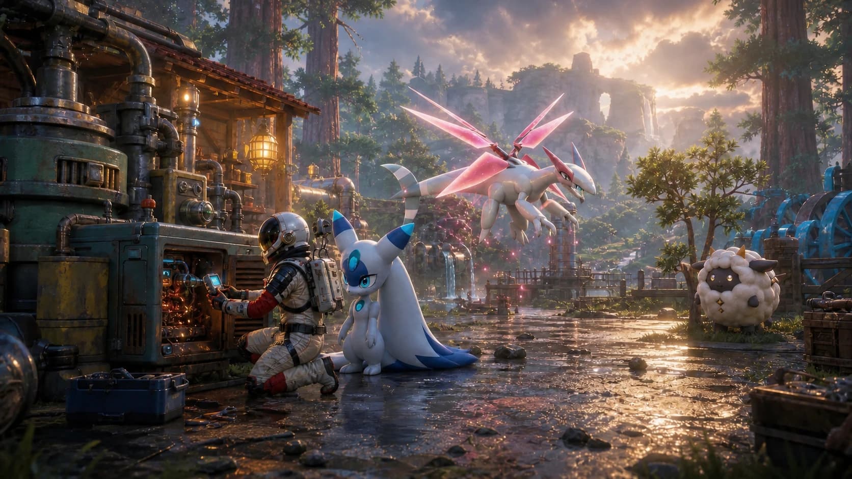 A survivor repairs base machinery with Lunaris as a flying mount hovers awkwardly nearby after a rainstorm.