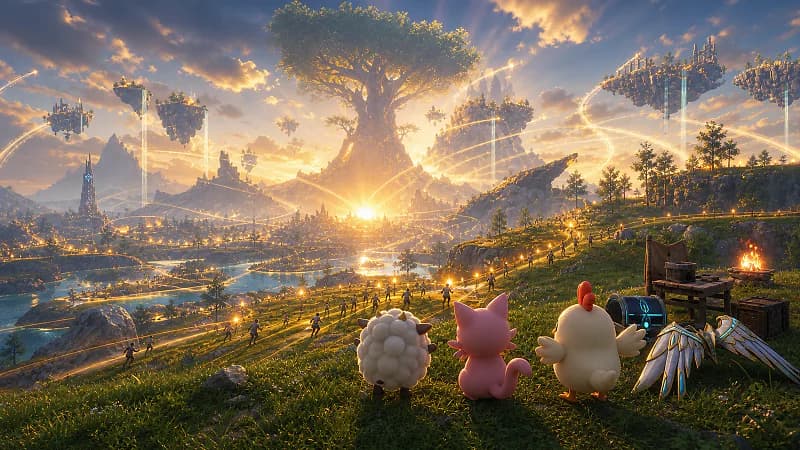 Lamball, Cattiva, and Chikipi watch crowds and golden travel trails converge on the World Tree