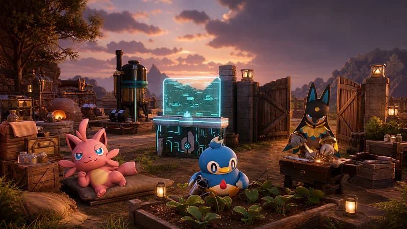 Cattiva, Pengullet, and Anubis relaxing and working around a warm Palworld base with a glowing Palbox