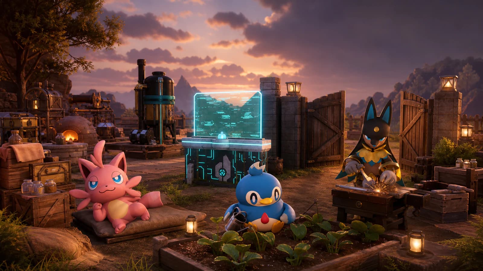 Cattiva, Pengullet, and Anubis relaxing and working around a warm Palworld base with a glowing Palbox