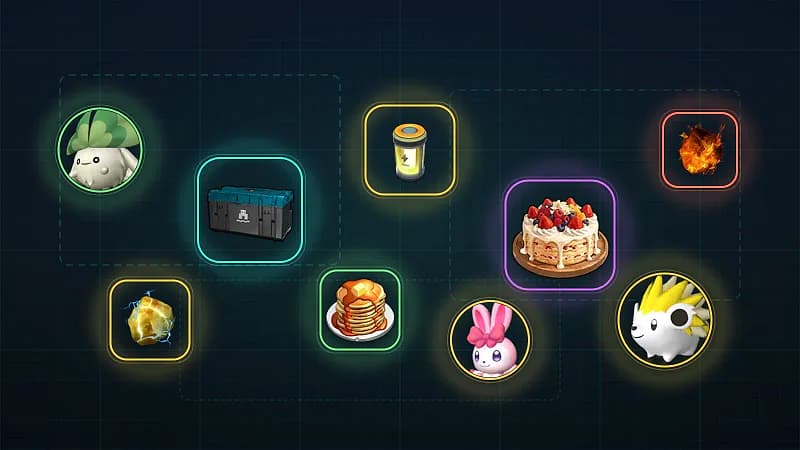 Palworld base building items and worker pals in glowing plates on a dark teal blueprint grid