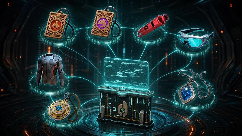 Seven recognizable Palworld accessories orbit a teal upgrade terminal in a dark high-tech chamber