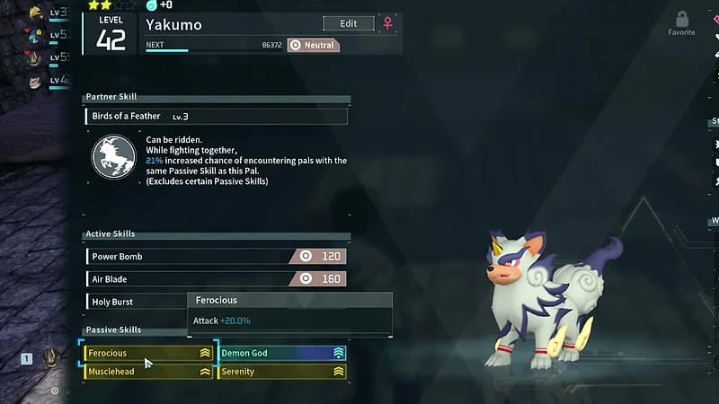 A level 42 Yakumo party screen showing Ferocious, Demon God, Musclehead, and Serenity stacked with the Birds of a Feather partner skill
