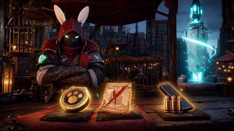 A captured Medal Merchant stands behind Dog Coin, bounty token, and ammunition rewards in a fortified base marketplace