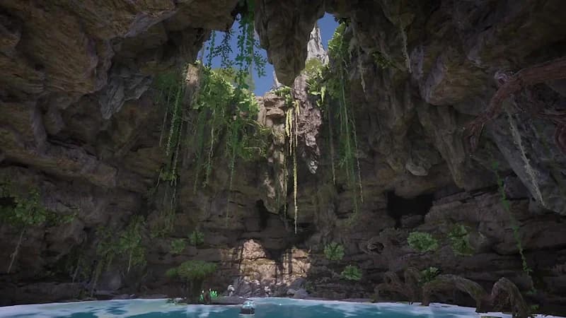 A dramatic lush cavern grotto, one of Palworld 1.0's striking new base locations
