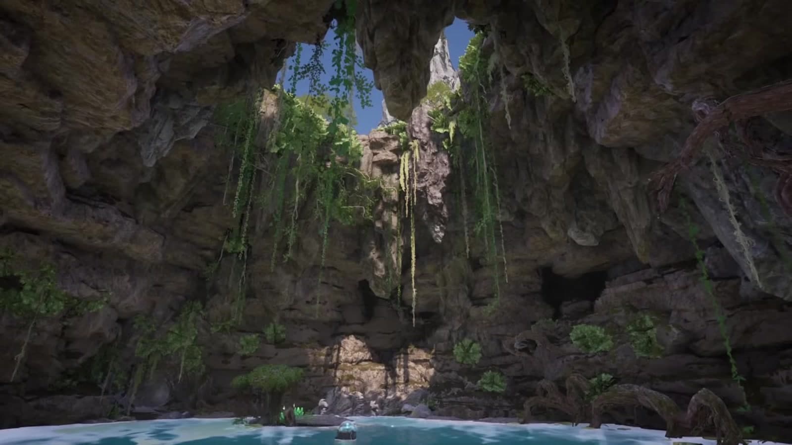A dramatic lush cavern grotto, one of Palworld 1.0's striking new base locations