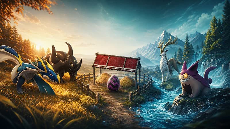 Jormuntide, Warsect, Grintale, and Eikthyrdeer Terra flank a breeding farm and dark dragon egg on branching water and ranch routes