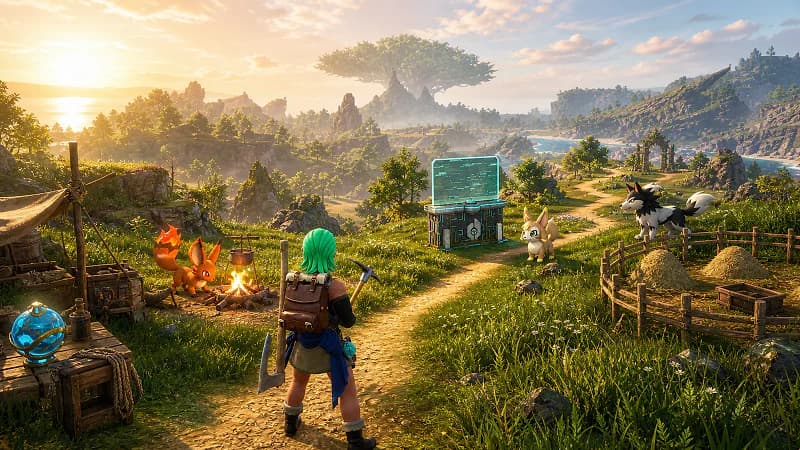 Foxparks, Vixy, and Direhowl mark a sunrise route from basic Pal Sphere and camp to Palbox, ranch, and exploration