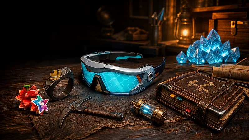 Pal Tamer's Glasses, a mercy ring, upgrade fruit, handbook, and crystals arranged on a Palworld workshop bench