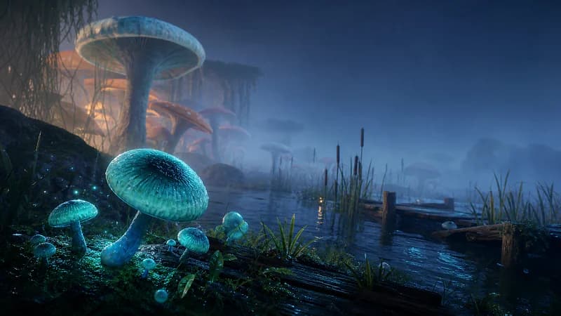 Glowing teal Mysterious Mushrooms in a misty Sakurajima wetland at night