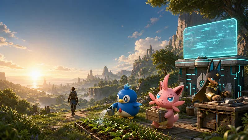 Cattiva, Pengullet, and Anubis running a Palworld base while an explorer heads toward distant ruins