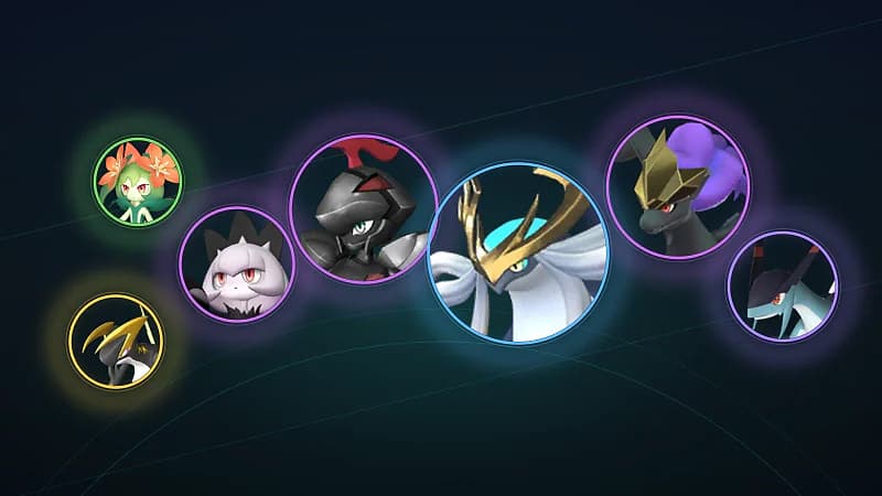 Seven of the strongest Palworld 1.0 pals in glowing element rings against a dark teal circuit backdrop