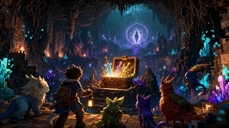 Palworld adventurers entering a torchlit pixel-inspired dungeon with a treasure chest and Moon Lord silhouette
