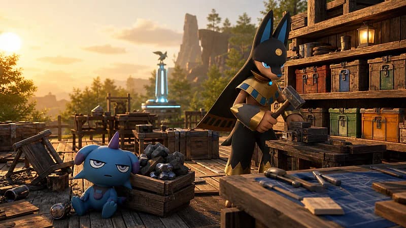 Anubis organizes a Palworld base workshop while Depresso sits beside a cluttered work area.