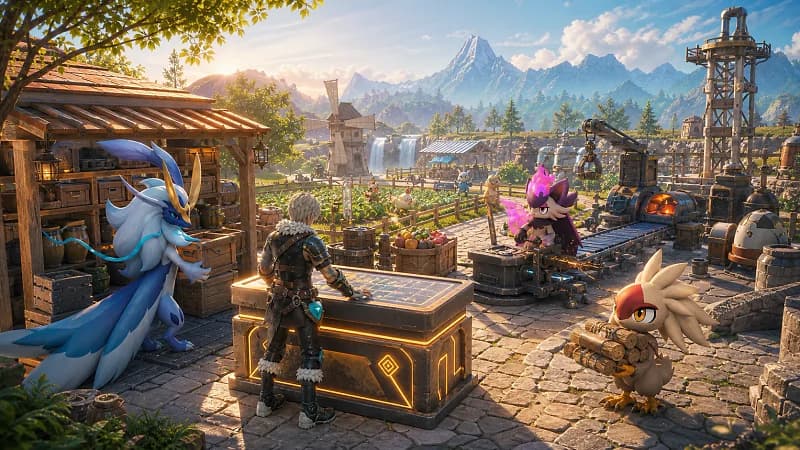 A survivor manages an organized Palworld base while three Pals sort storage, craft at a workshop, and carry materials.