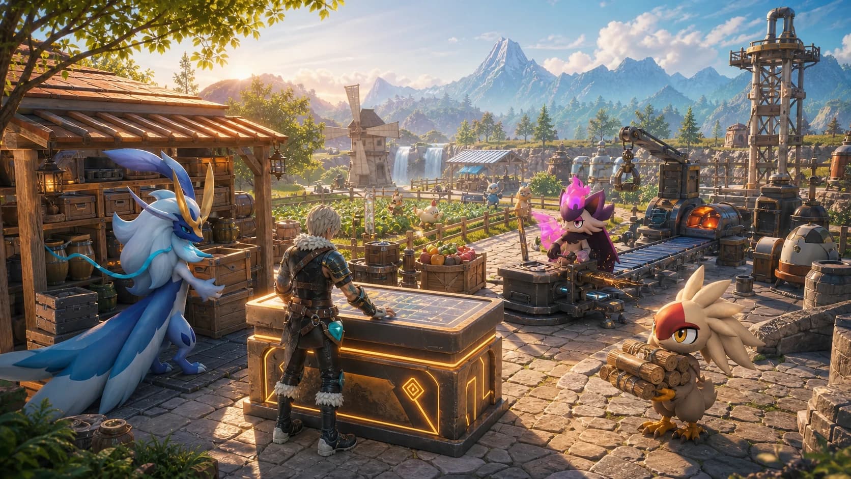 A survivor manages an organized Palworld base while three Pals sort storage, craft at a workshop, and carry materials.