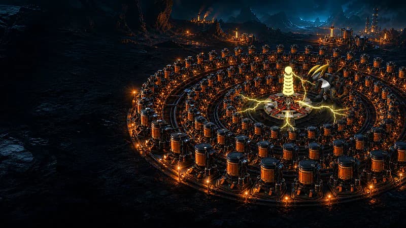 Concentric rings of high-pressure crude oil extractors powered by an ancient generator and Orserk at night