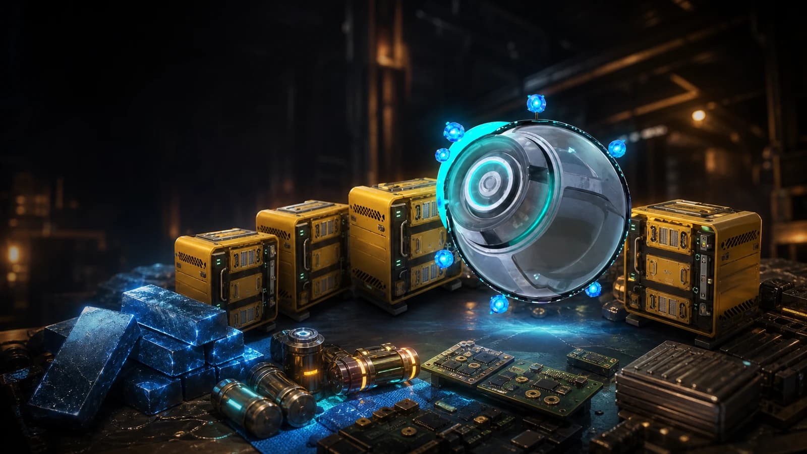 A glowing AI Core surrounded by five Computers, circuit boards, Soralite Ingots, and other late-game crafting materials
