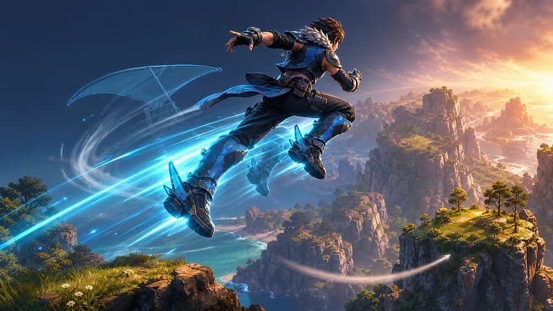 An adventurer in Air Dash Boots sharply redirects out of a glider path over a Palworld island canyon