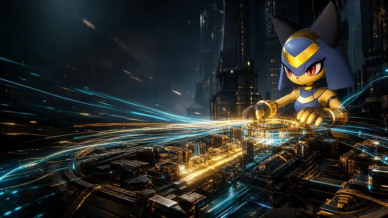 Alpha Sekhmet operating a glowing ancient synthesizer as blue and gold speed trails cross the workbench