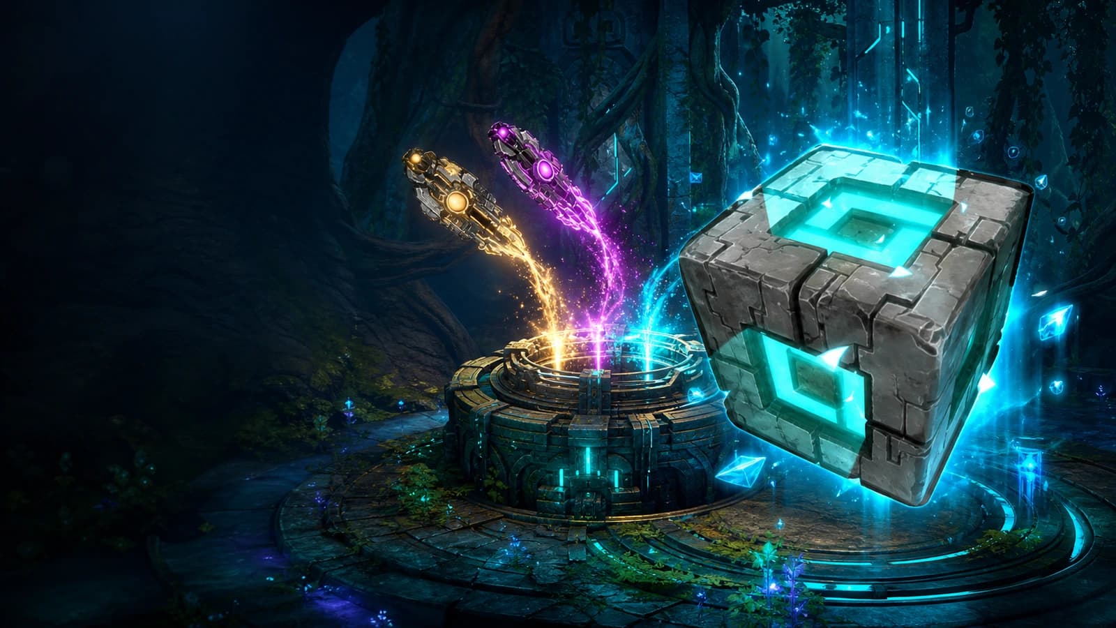 Glowing Ancient Relics being converted into an Ancient Civilization Core inside a World Tree workshop