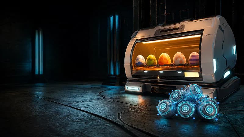 Ancient Hatchery glowing around five Pal eggs with a stack of blue AI Cores in front