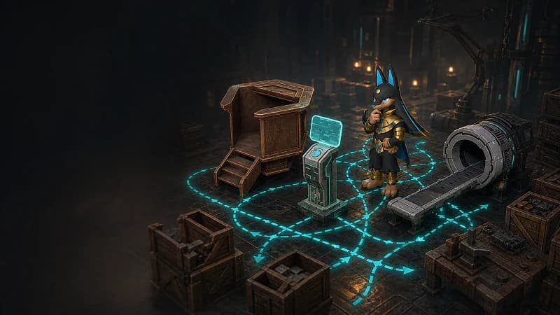Anubis studying crossed task routes between a Monitoring Stand, worker terminal, conveyor, and storage crates