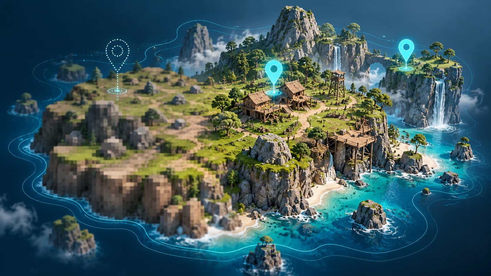 Conceptual island illustration contrasting coarse and detailed terrain with visible and fading map pins
