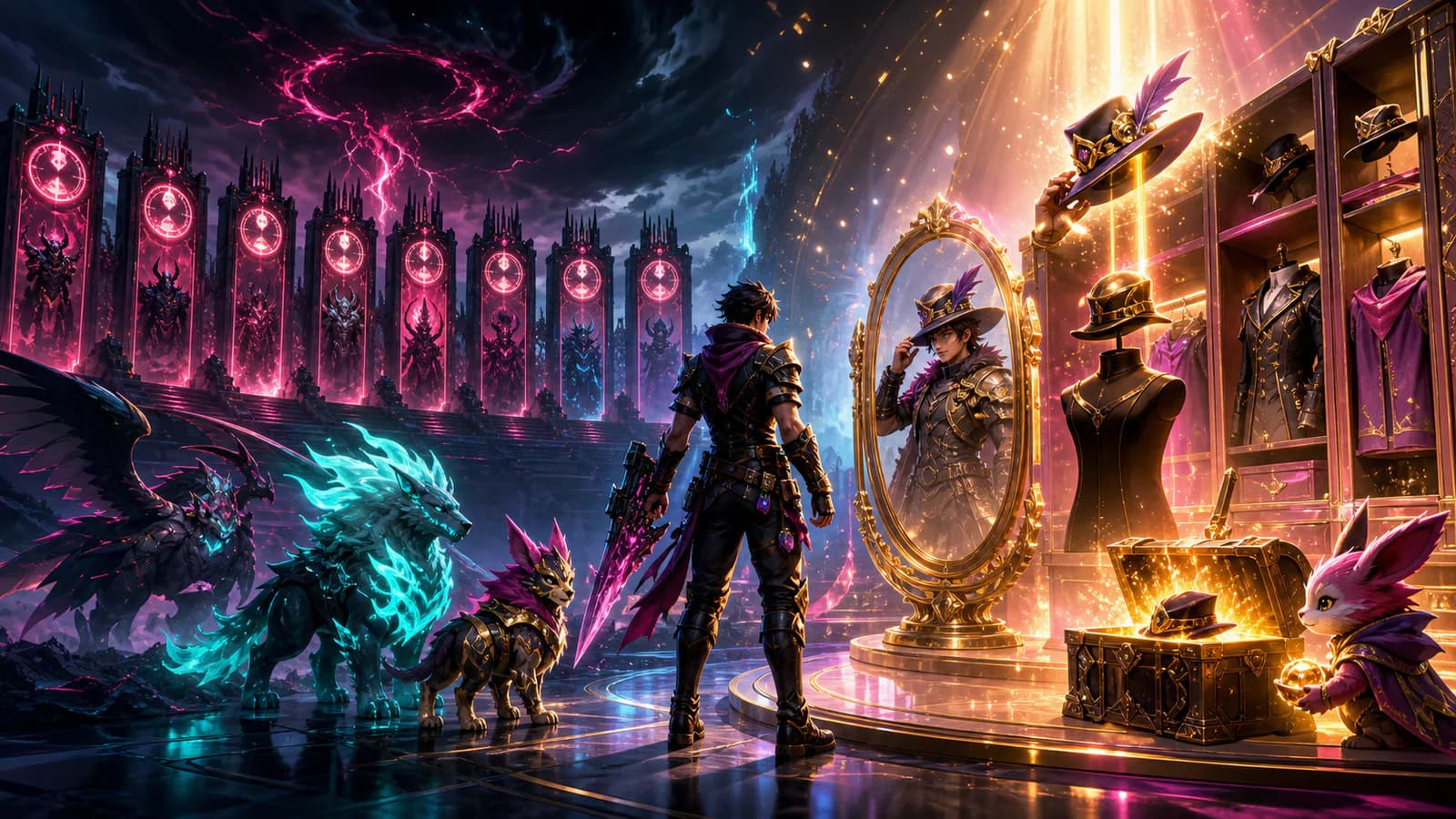 An adventurer choosing a boss hairstyle in a futuristic tower wardrobe