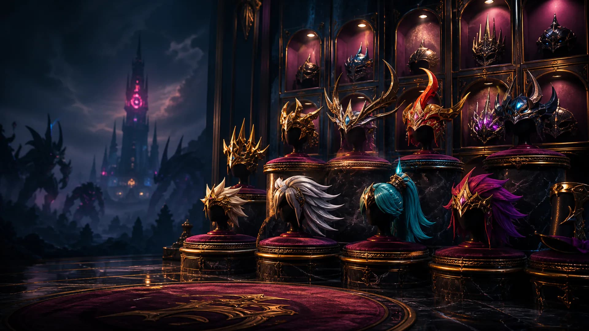 A dramatic vault display of collectible Palworld tower boss hats and hairstyles