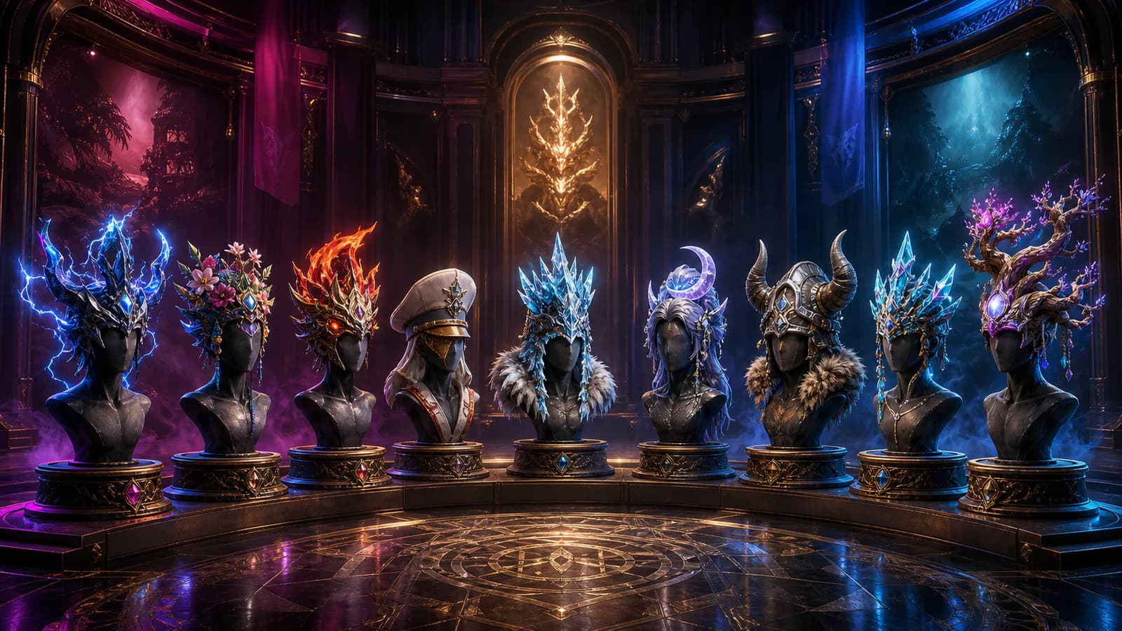 Nine distinct fantasy boss hats and hairstyles displayed in a trophy vault