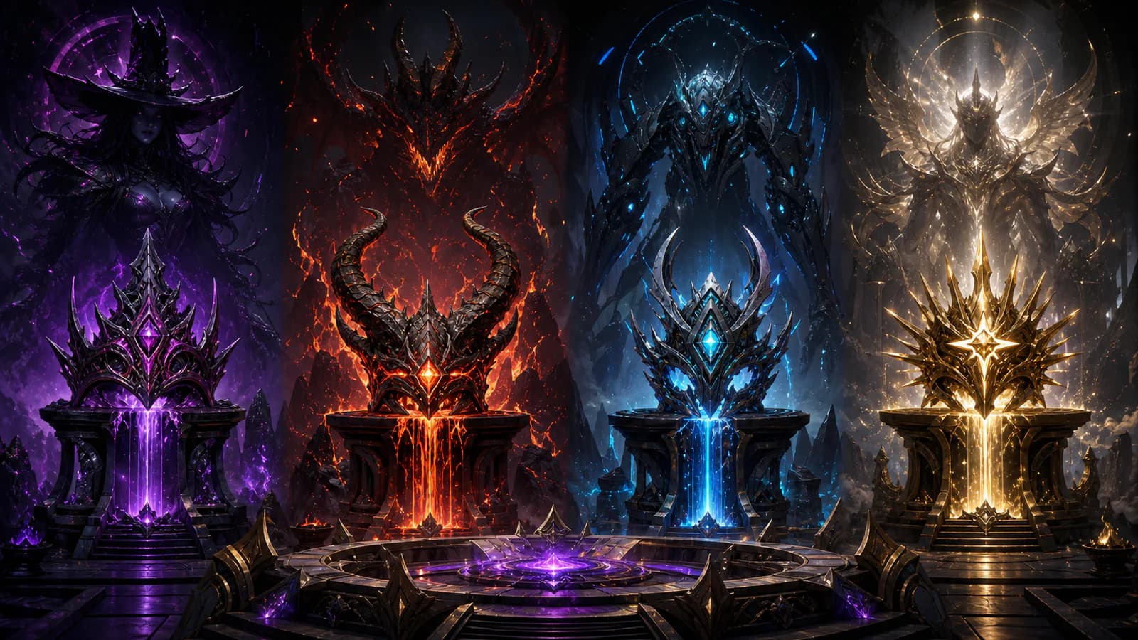 Four legendary Ultra raid headpieces displayed on elemental trophy altars