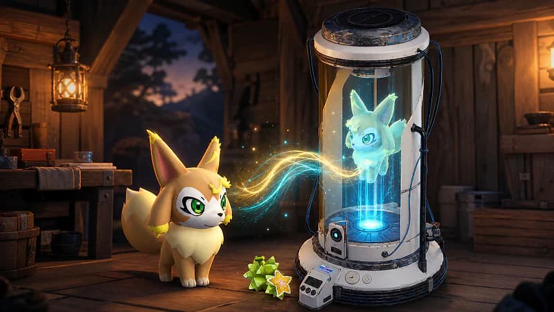 Vixy beside a glowing Pal Essence Condenser as stored energy moves between two versions of the same Pal