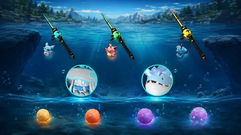 Three tiers of Palworld fishing rods above a mountain lake, with four baits glowing underwater beside Jelliette and Whalaska portraits