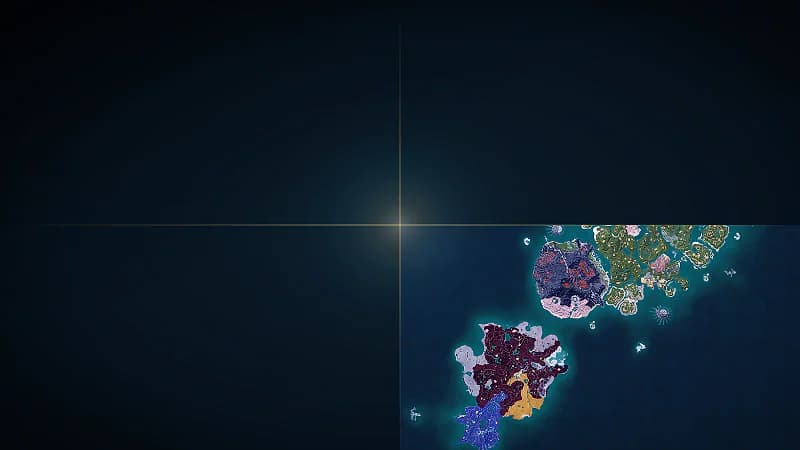 The charted Palworld world map glowing as one quadrant of a larger dark ocean, with light radiating from the center where the four quadrants meet