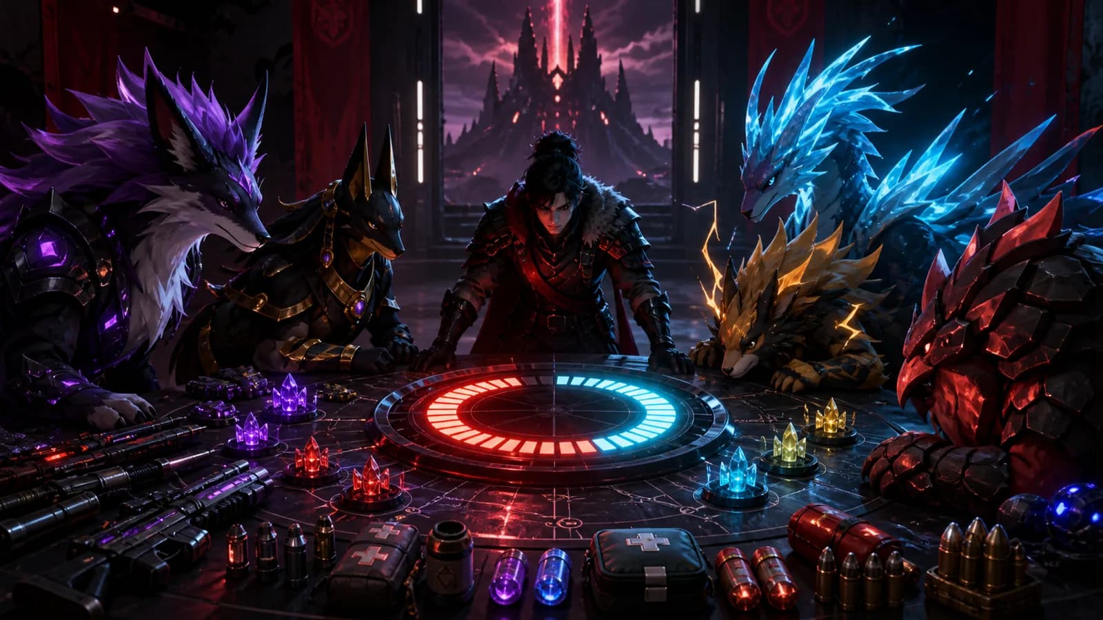 A trainer and five creature companions planning around a glowing segmented countdown table